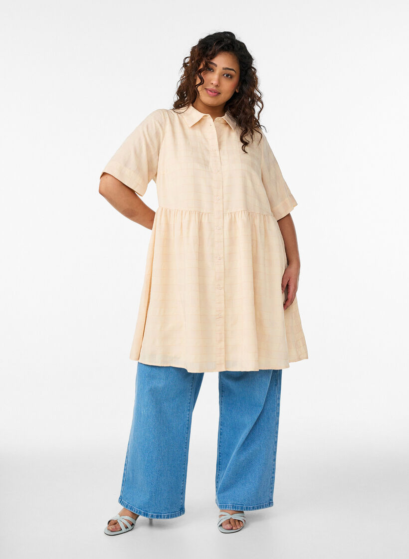 Kort skjortekjole med ternet struktur og 1/2 &aelig;rmer, Gul, Model image number 1