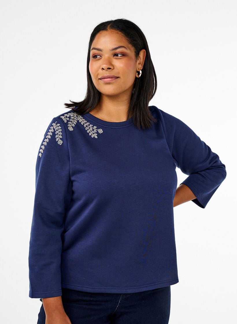 Kort sweatshirt med perledetaljer, Blå, Model image number 0