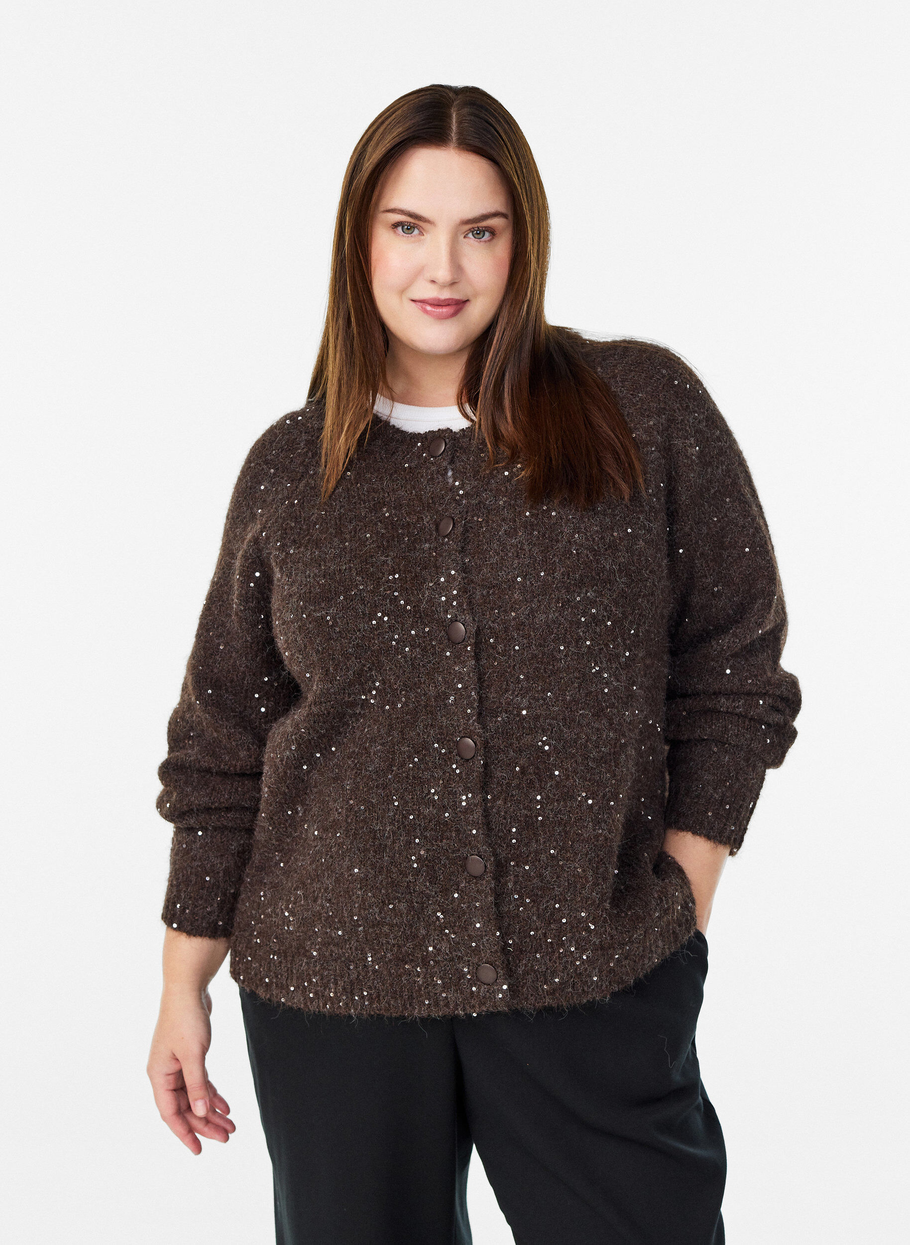 Zizzi Strikket cardigan med pailletter, Brun, Model image number 0