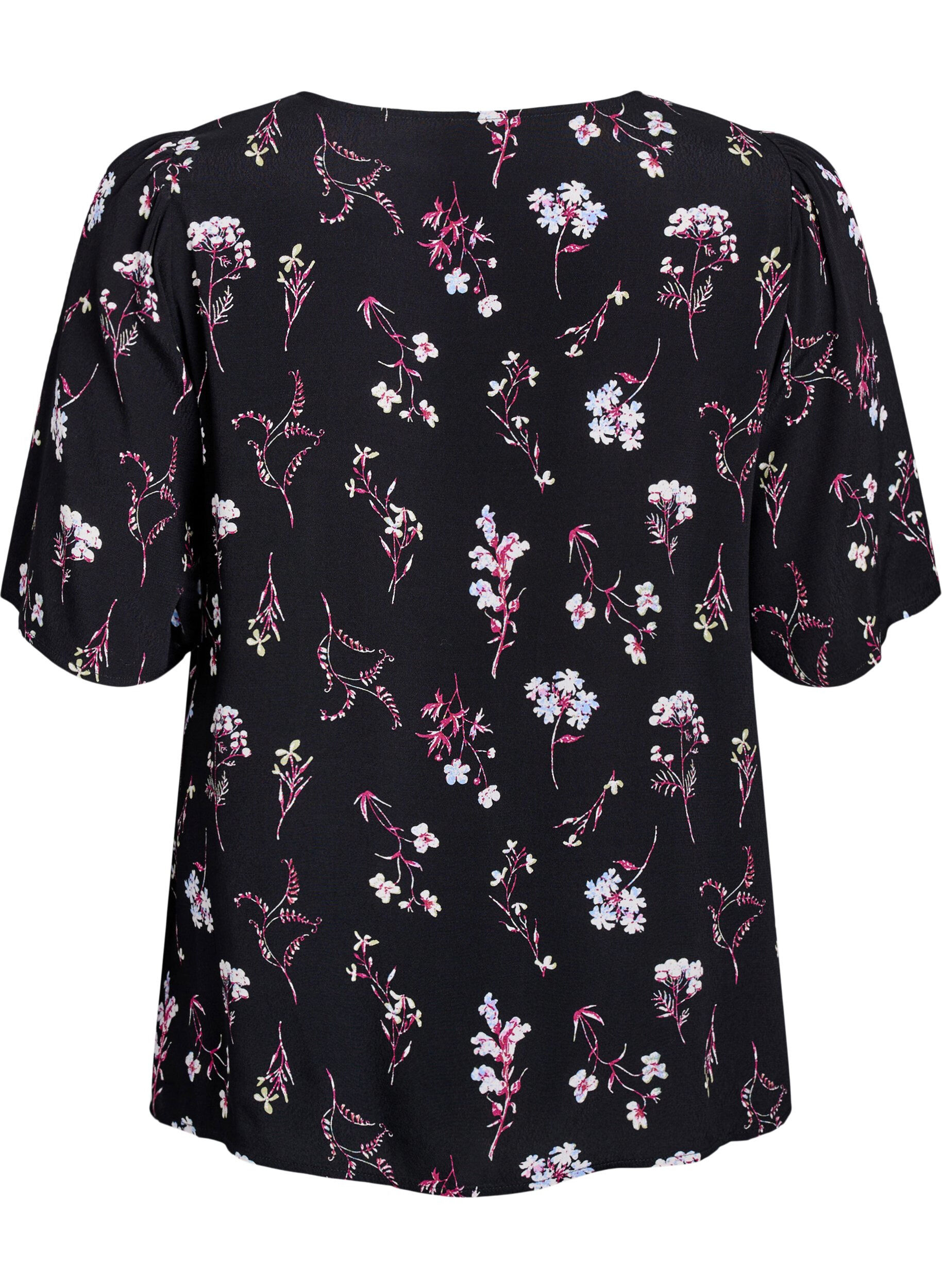 ZizziBlomstret bluse med korte &aelig;rmer, Sort, Packshot image number 1