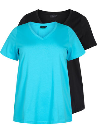 2-pak basis t-shirt i bomuld, Blue Atoll / Black, Packshot image number 0