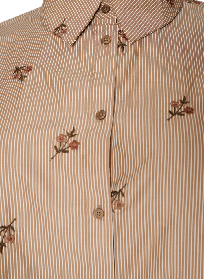 Stribet skjorte med broderede blomster, Brun, Packshot