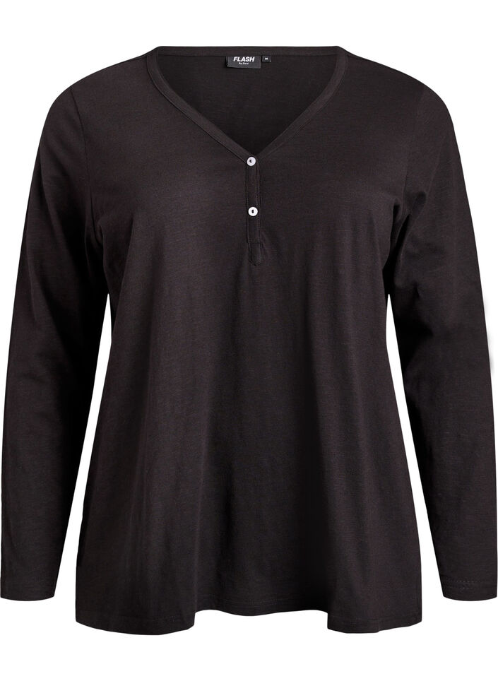 Lang&aelig;rmet t-shirt med V-hals og knapper, Sort, Packshot image number 0
