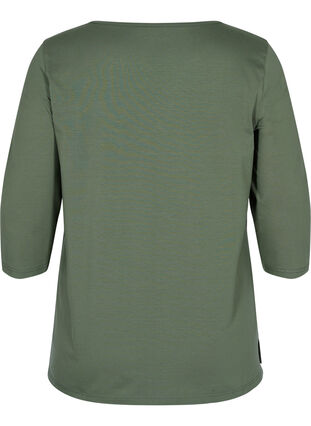 Ensfarvet bomulds bluse med 3/4 ærmer og slids, Thyme, Packshot image number 1