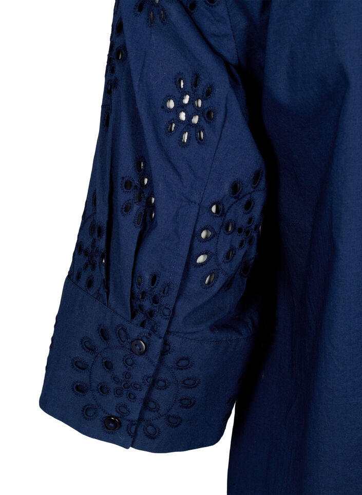 Skjortebluse med broderi anglaise og 3/4 ærmer, Navy Blazer, Packshot image number 3