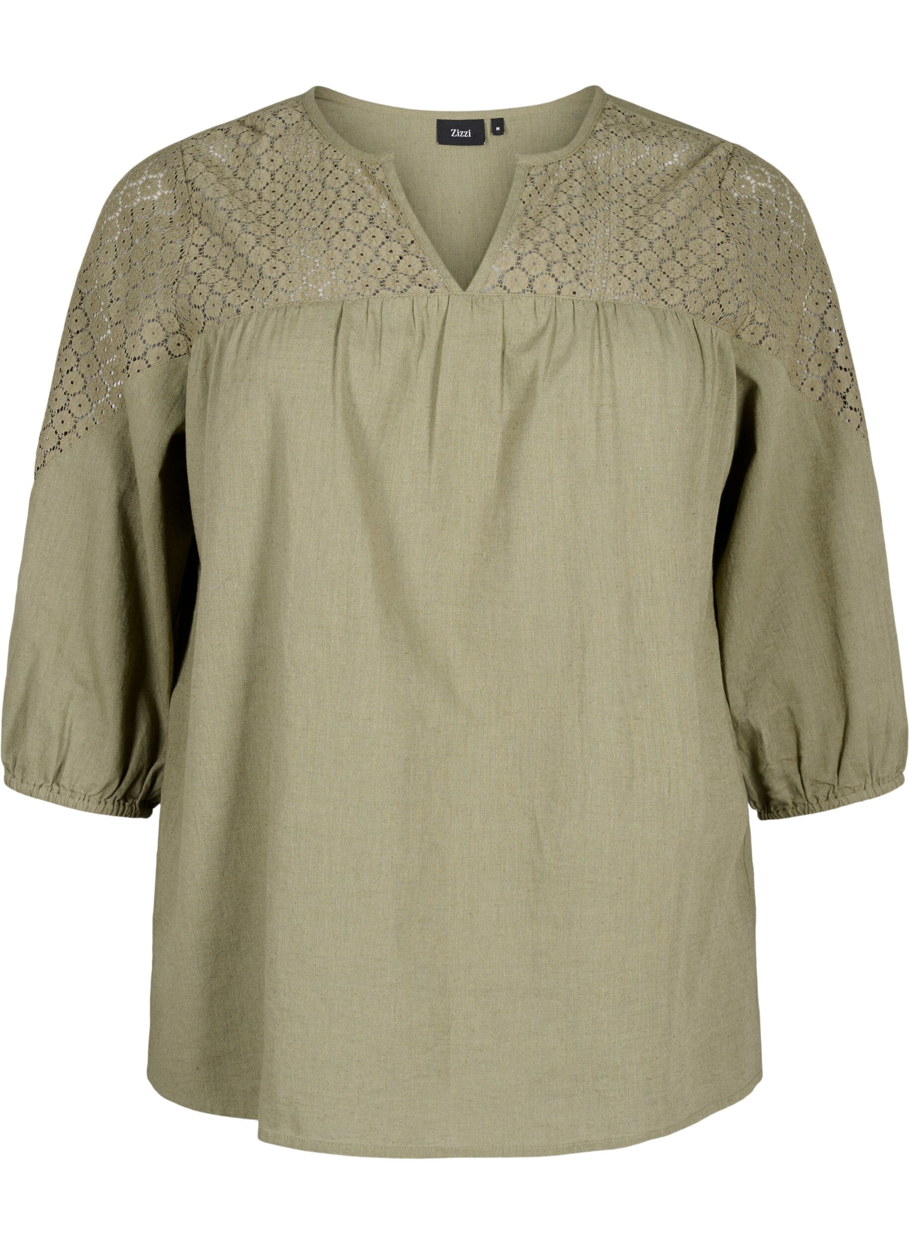 Zizzi Bluse i bomuldsmix med h&oslash;r og crochetdetalje, Deep Lichen Green, Packshot image number 0