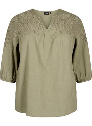 Bluse i bomuldsmix med hør og crochetdetalje, Deep Lichen Green, Packshot image number 0