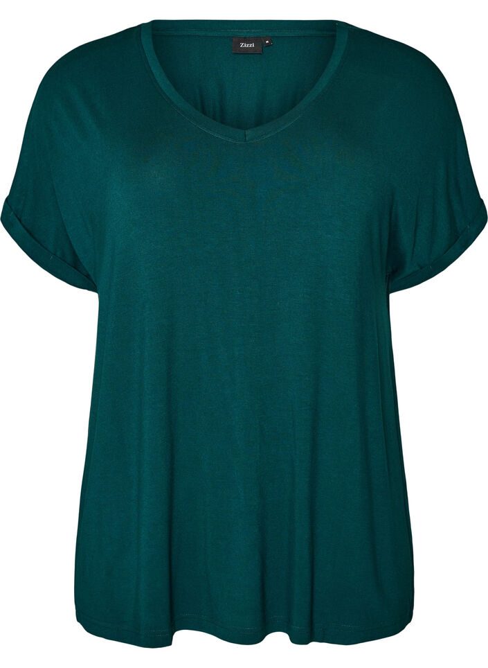 Basis T-shirt i viskose med V-hals, Gr&oslash;n, Packshot image number 0