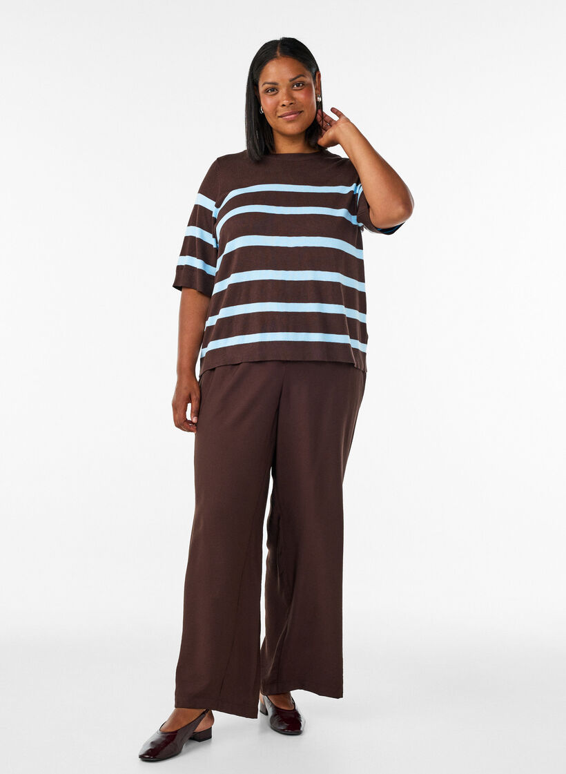 Stribet strikbluse med korte &aelig;rmer, Brun, Model image number 1