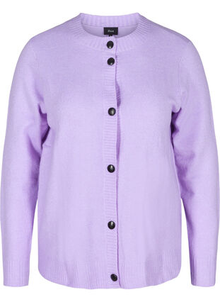 Kort strik cardigan med kontrastfarvede knapper, Purple Rose Mel., Packshot image number 0