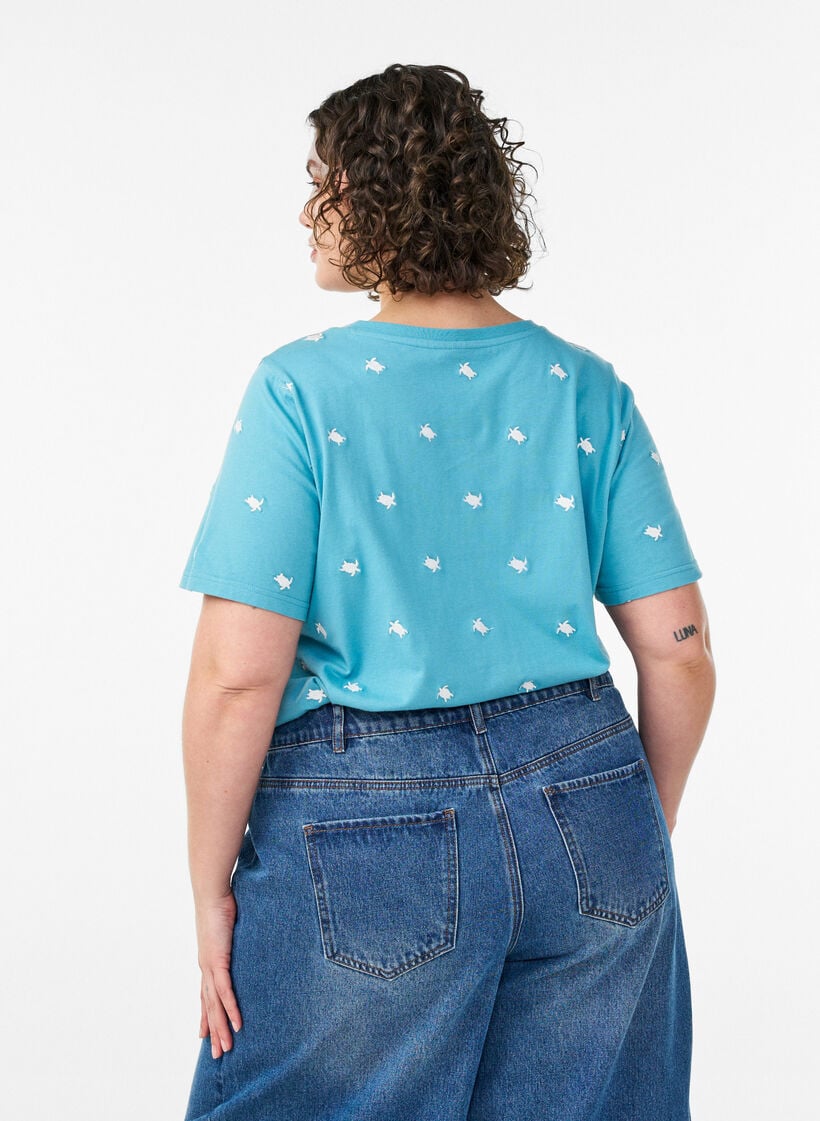 T-shirt i &oslash;kologisk bomuld med broderede motiver, Bl&aring;, Model image number 2