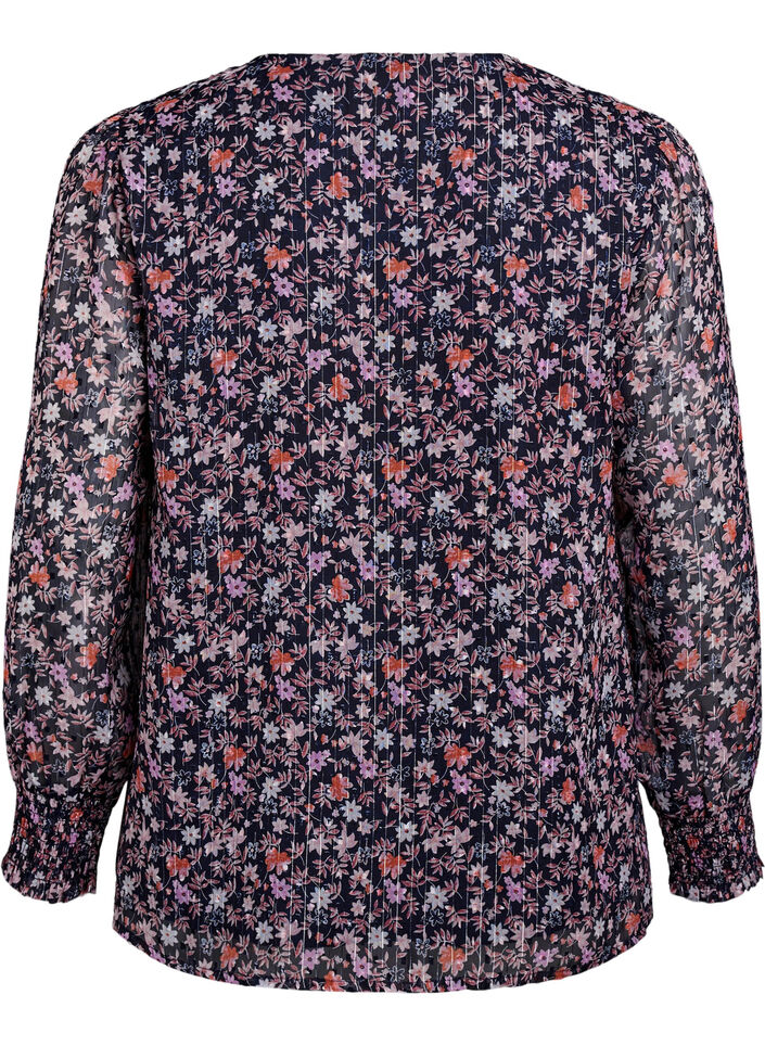 Bluse med blomsterprint og glittertr&aring;d, Bl&aring;, Packshot image number 1