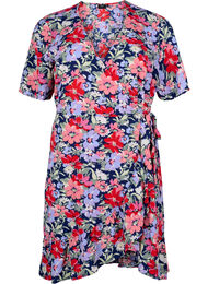 Blomstret wrapkjole med korte &aelig;rmer, Bl&aring;