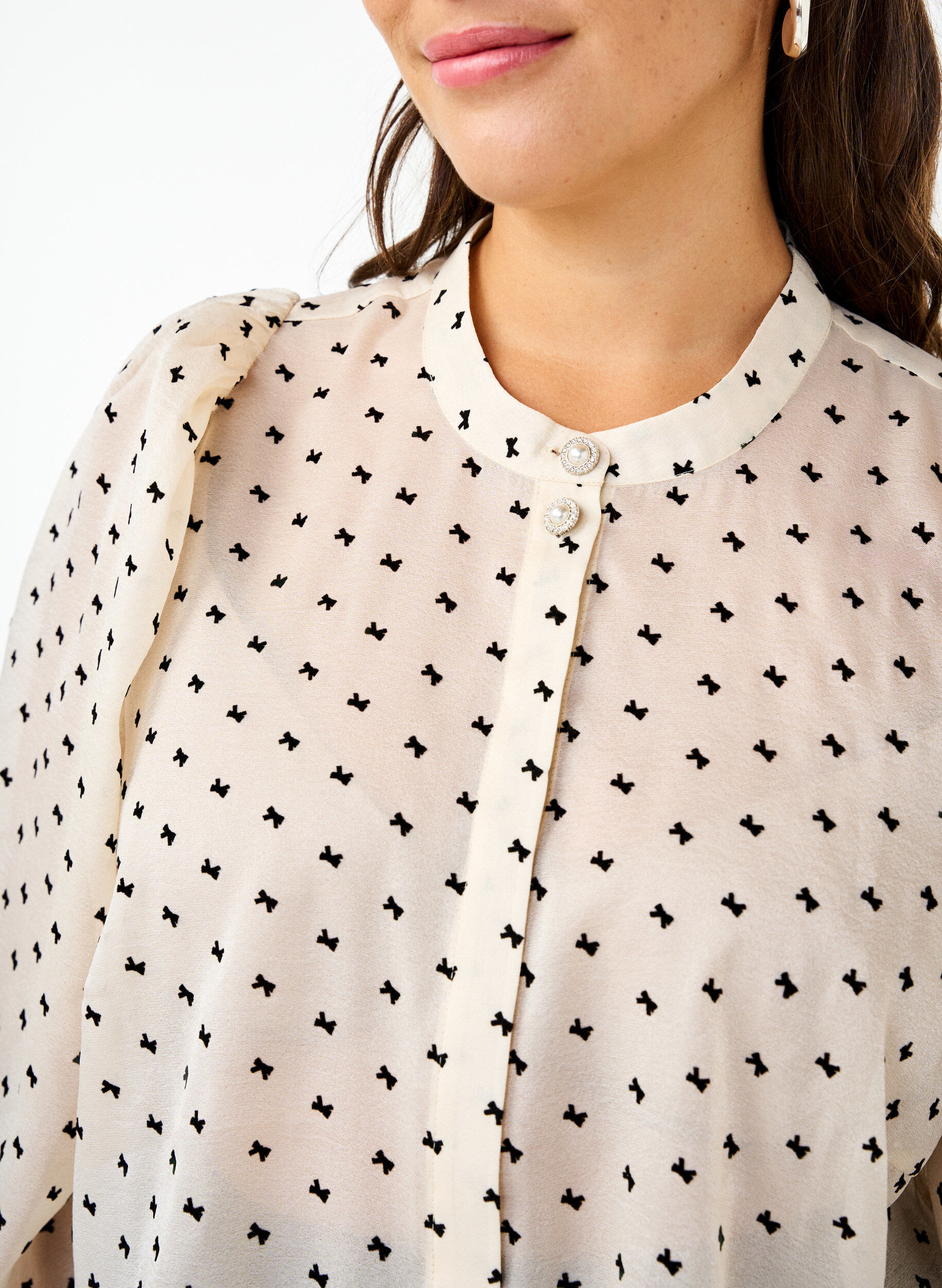 Zizzi Bluse med peplum og sl&oslash;jfer, Ecru w Bow, Model image number 2