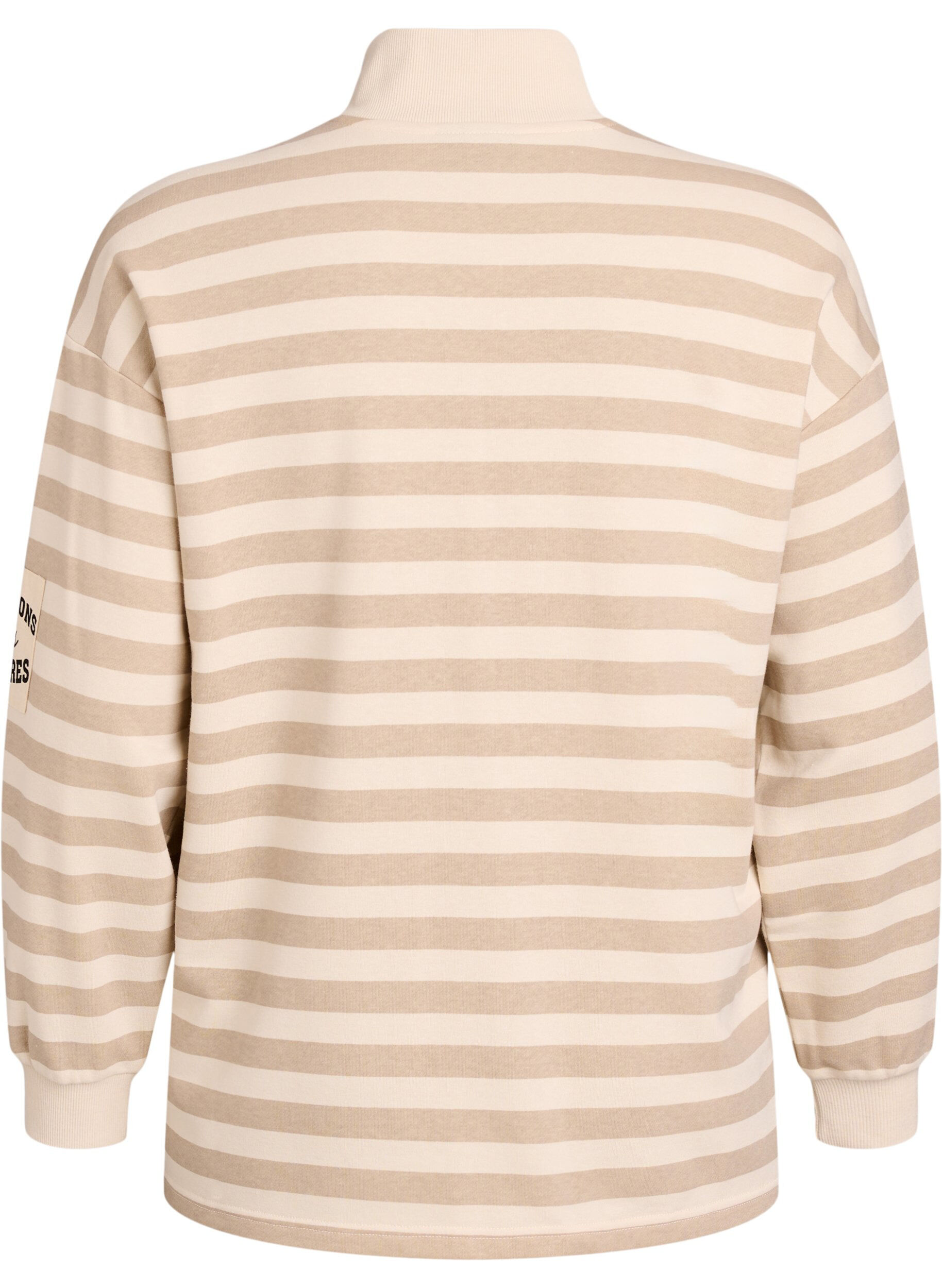 Zizzi Stribet sweatshirt med h&oslash;j hals og lynl&aring;s, Beige, Packshot image number 1