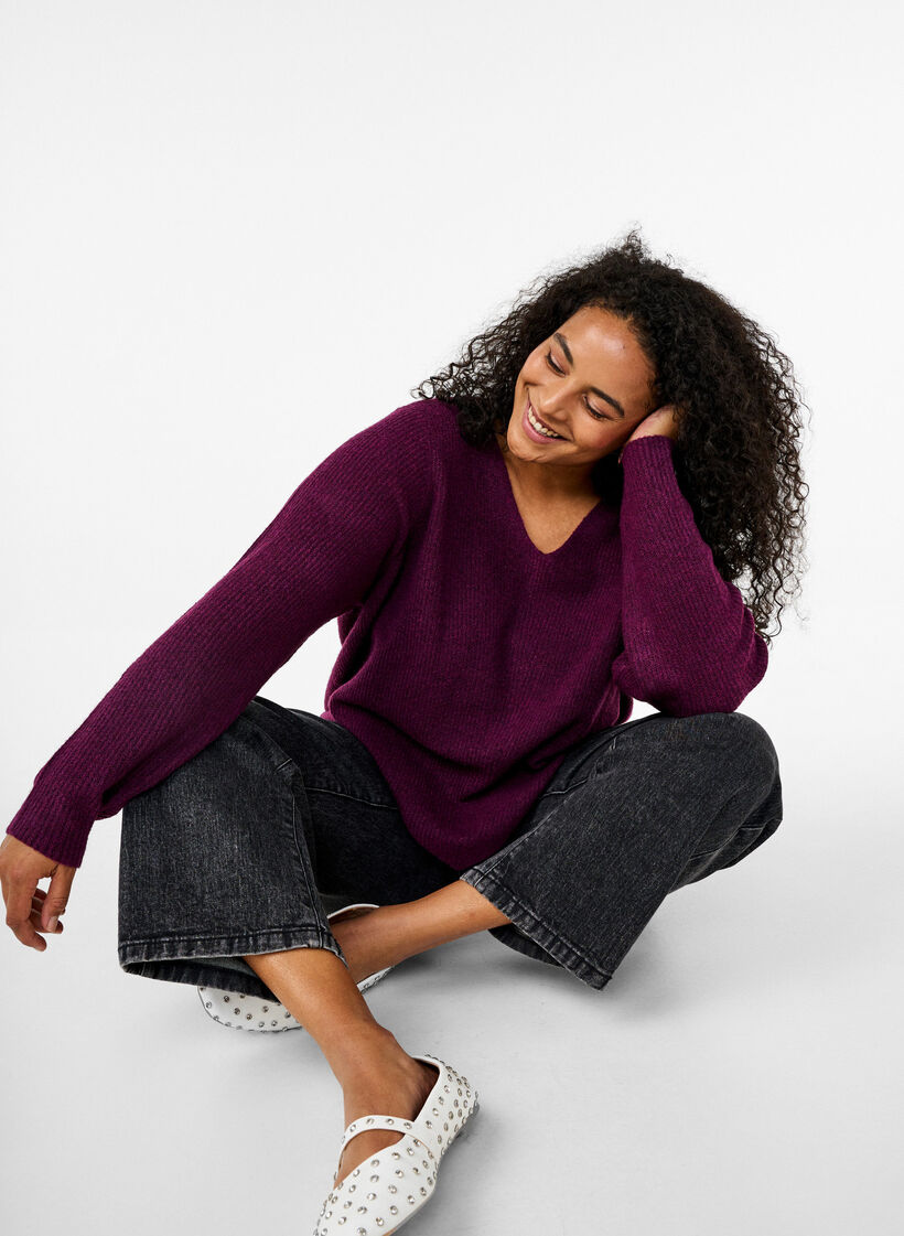 Strikbluse med v-hals og lange ærmer, Potent P. Black Mel., Image image number 0