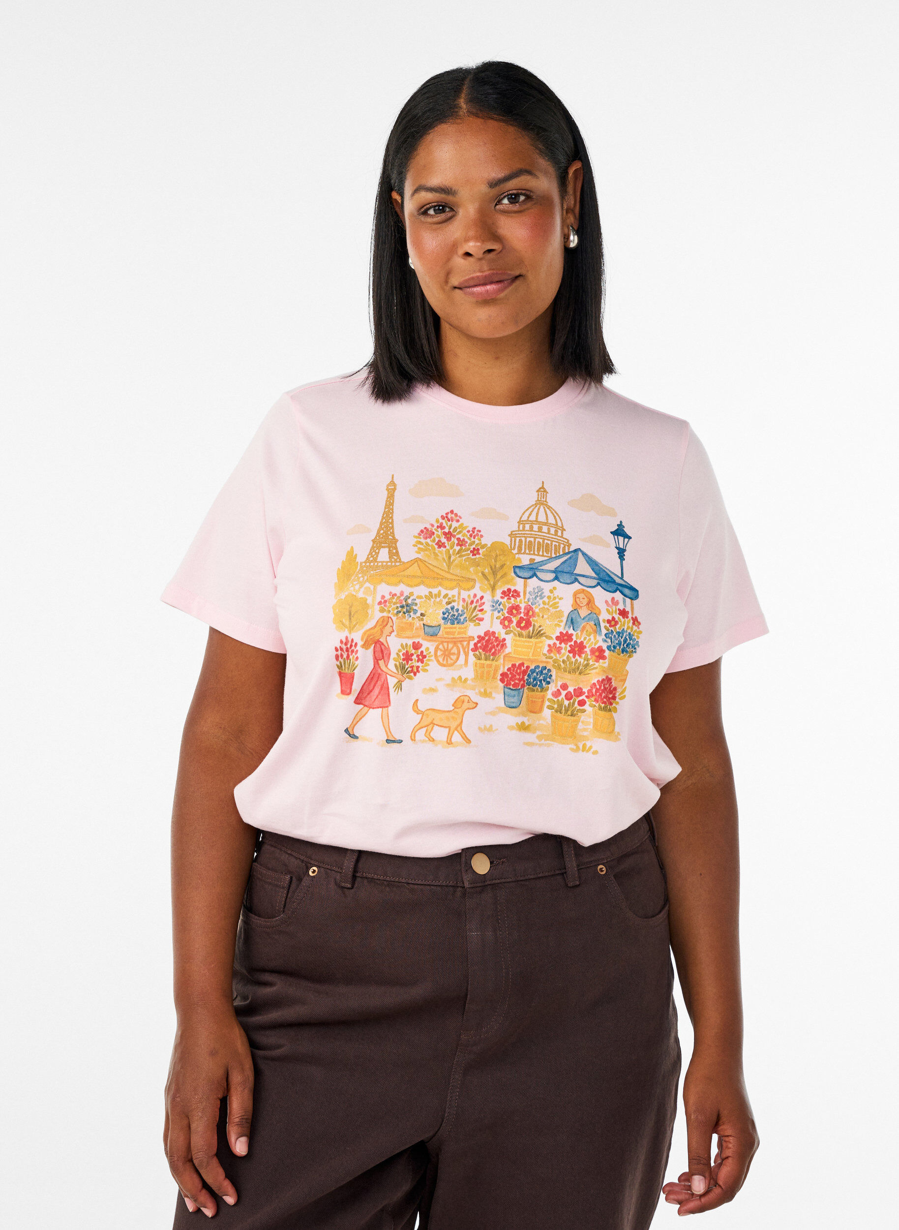 ZizziT-shirt i &oslash;kologisk bomuld med frontmotiv, Lyser&oslash;d, Model image number 0