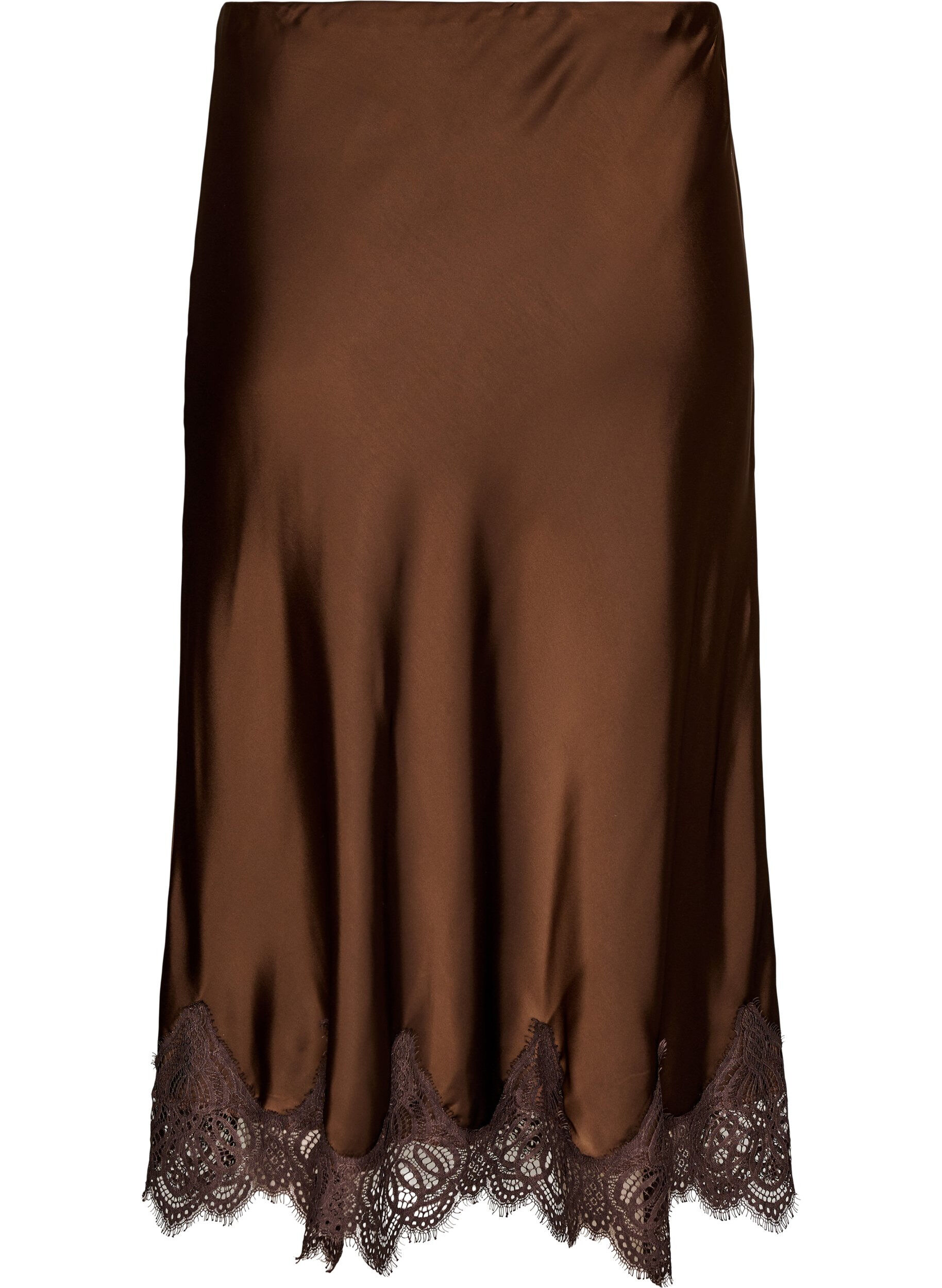 ZizziMidi satinnederdel med blondekant, Brun, Packshot image number 1