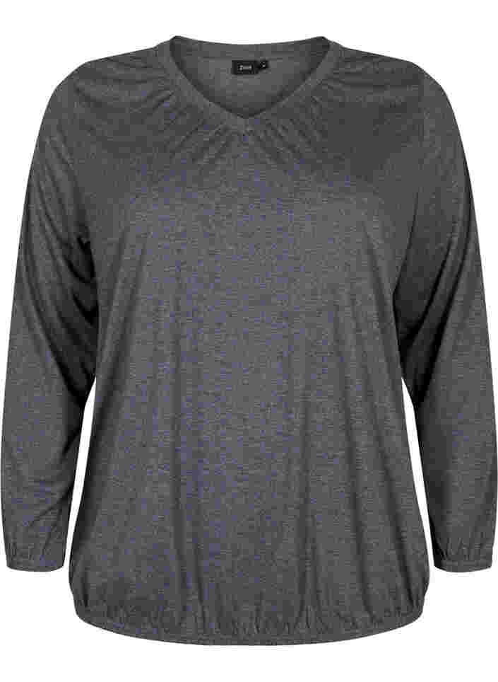 Meleret bluse med lange ærmer og v-hals, Dark Grey Melange, Packshot image number 0