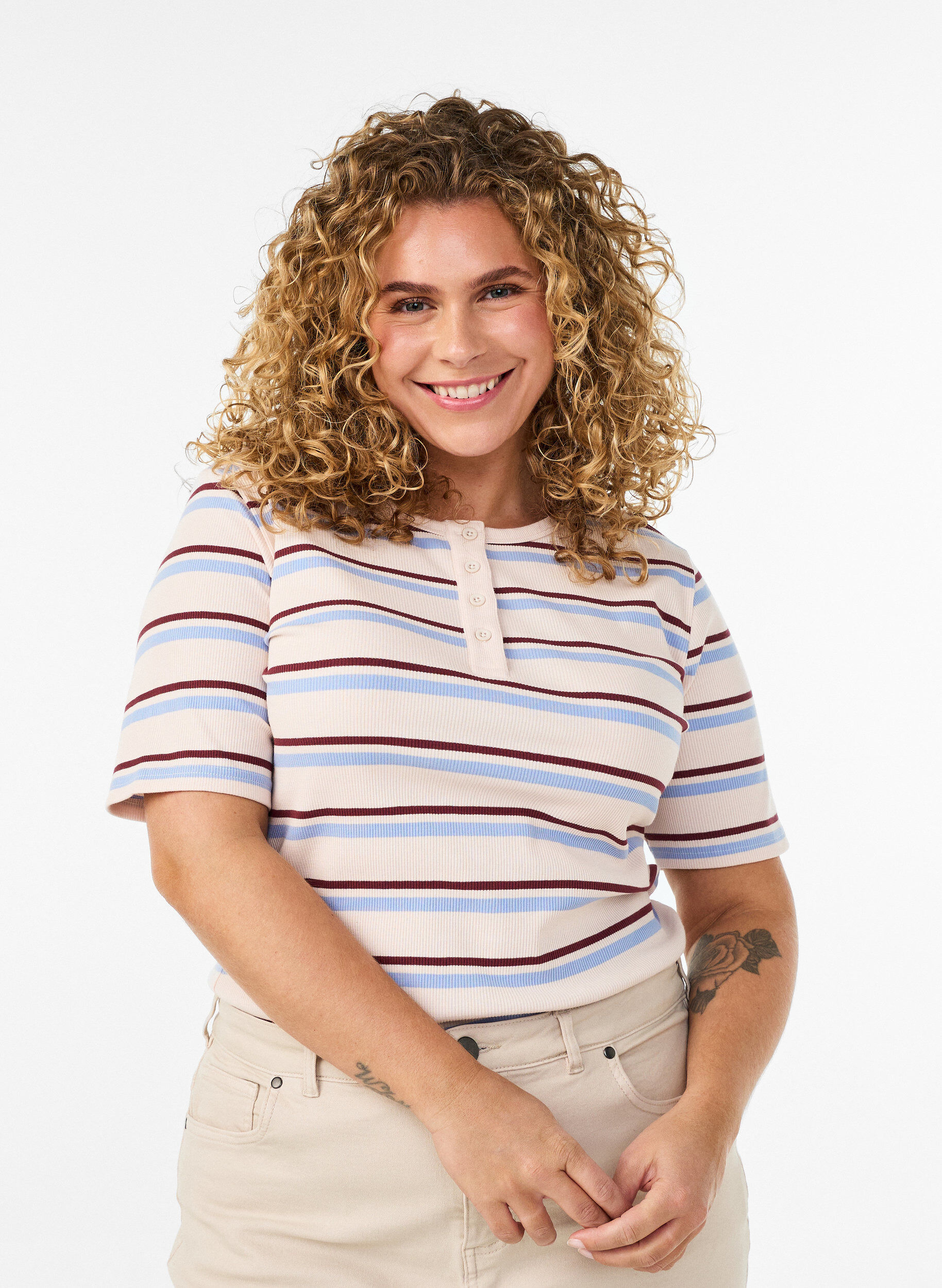 ZizziRib T-shirt med striber og knapdetalje, Lilla, Model image number 0