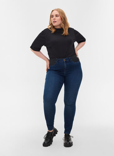 Super slim Amy jeans med elastik i taljen, Dark blue denim, Model image number 0