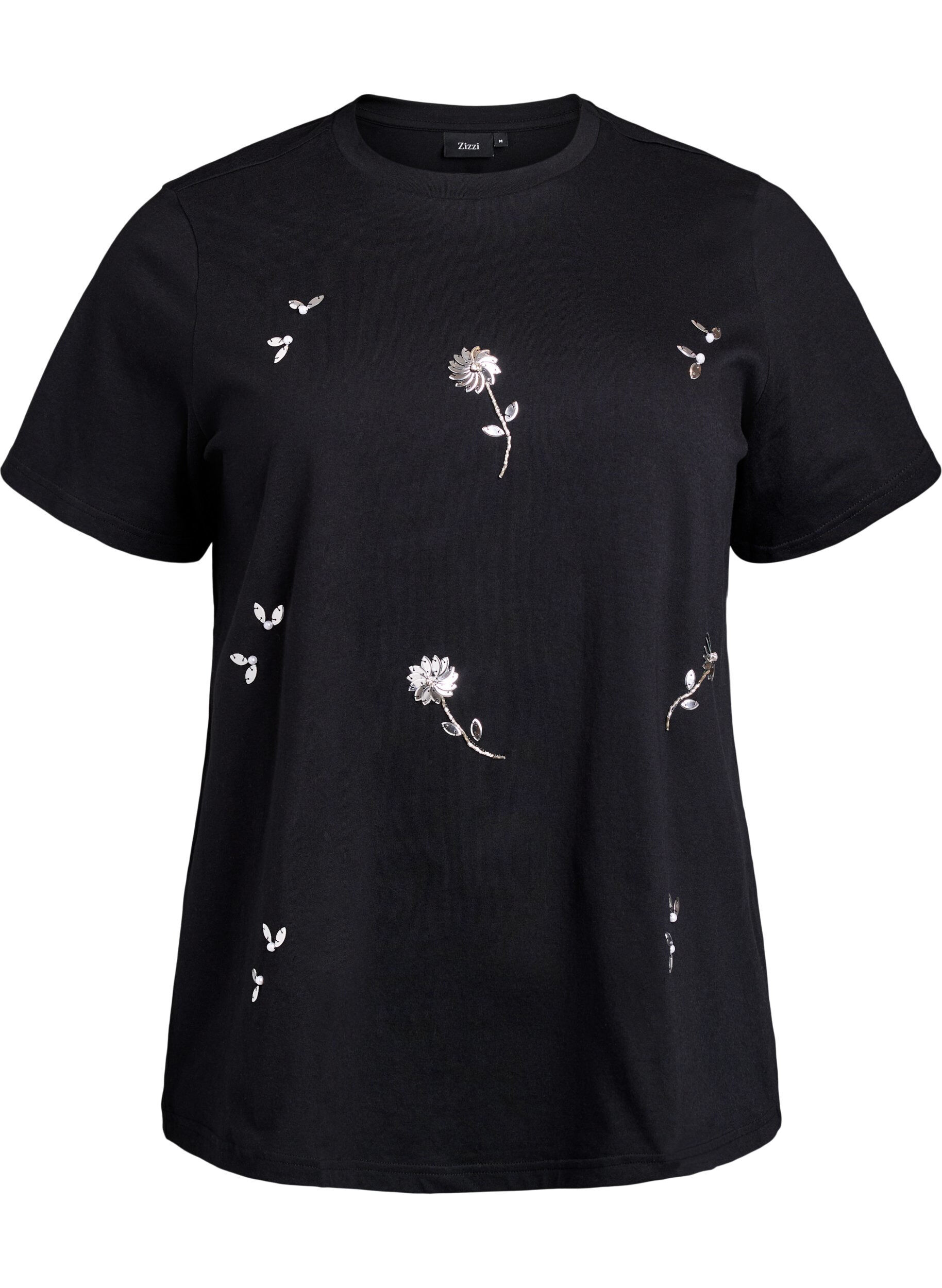 Zizzi T-shirt med paillet-blomster, Sort, Packshot image number 0