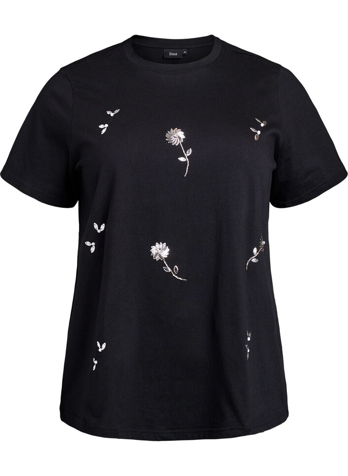 T-shirt med paillet-blomster, Sort, Packshot image number 0