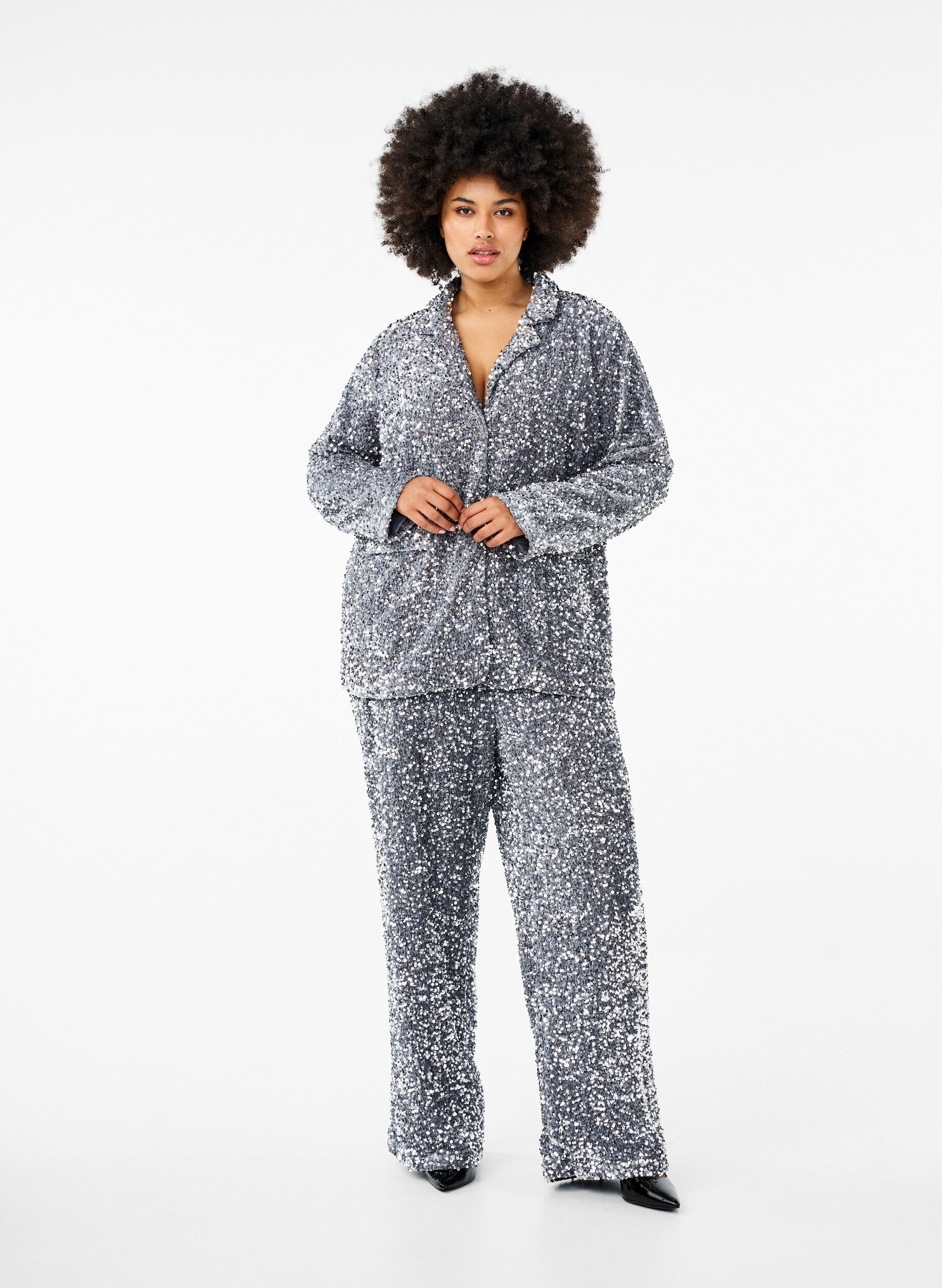 Zizzi L&oslash;se pailletbukser med h&oslash;j talje, Silver, Model image number 0