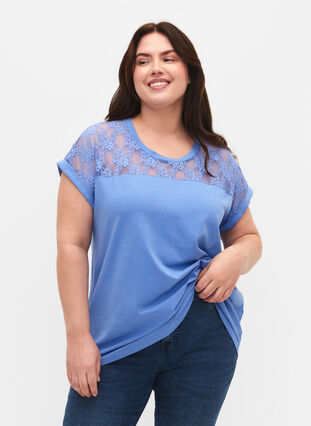 Kortærmet bomulds t-shirt med blonder, Persian Jewel, Model image number 0