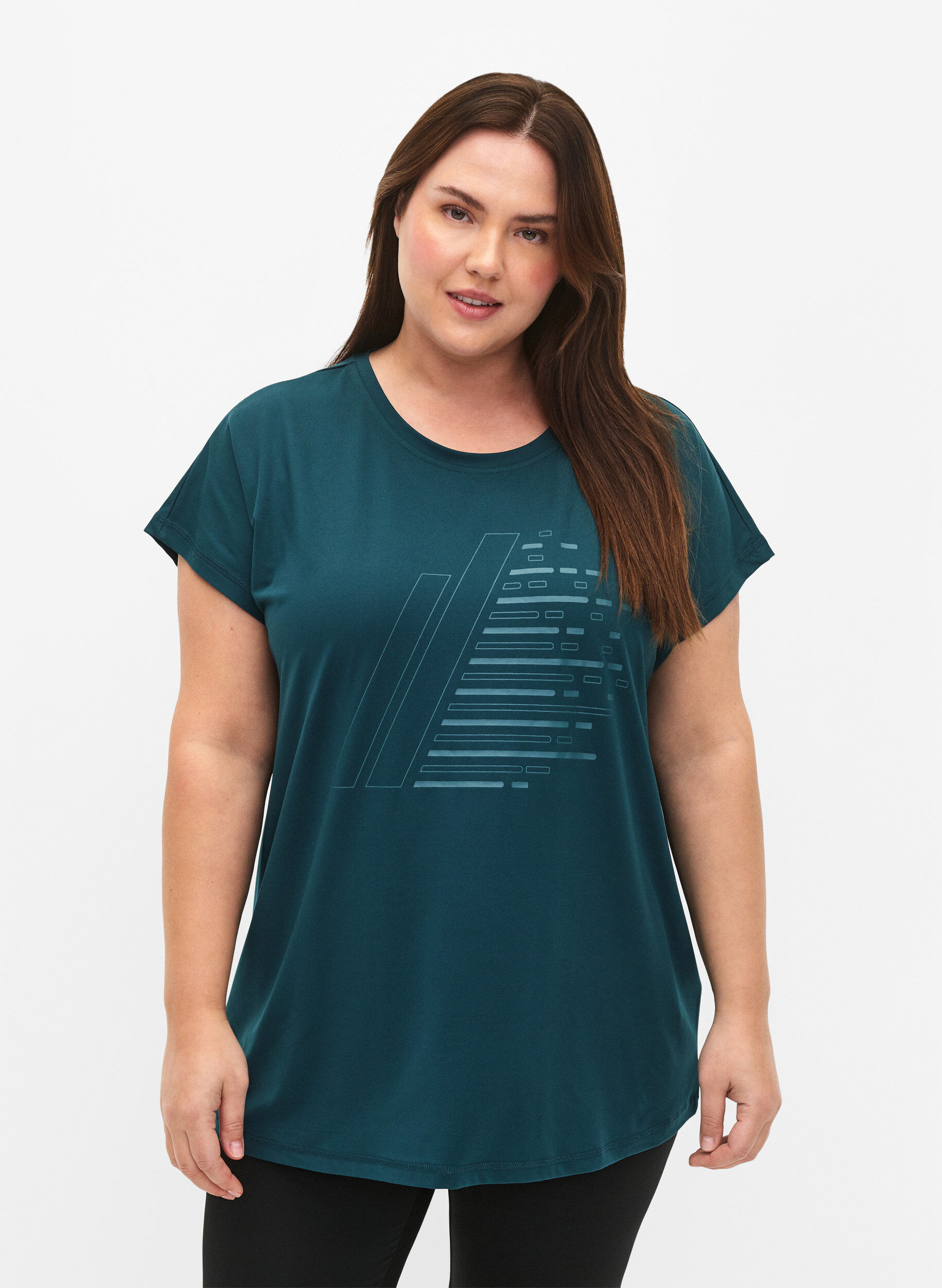 Zizzi Kort&aelig;rmet tr&aelig;nings t-shirt med print, Deep Teal/Pacific, Model image number 0