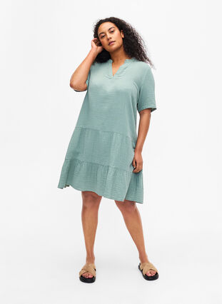 Kortærmet kjole i 100% bomuld, Chinois Green, Model image number 2