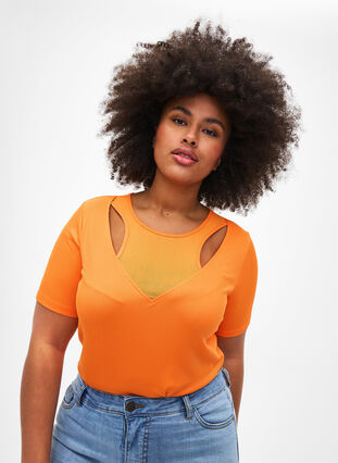 Tætsiddende bluse med v-hals og meshdetalje, Vibrant Orange, Model image number 0