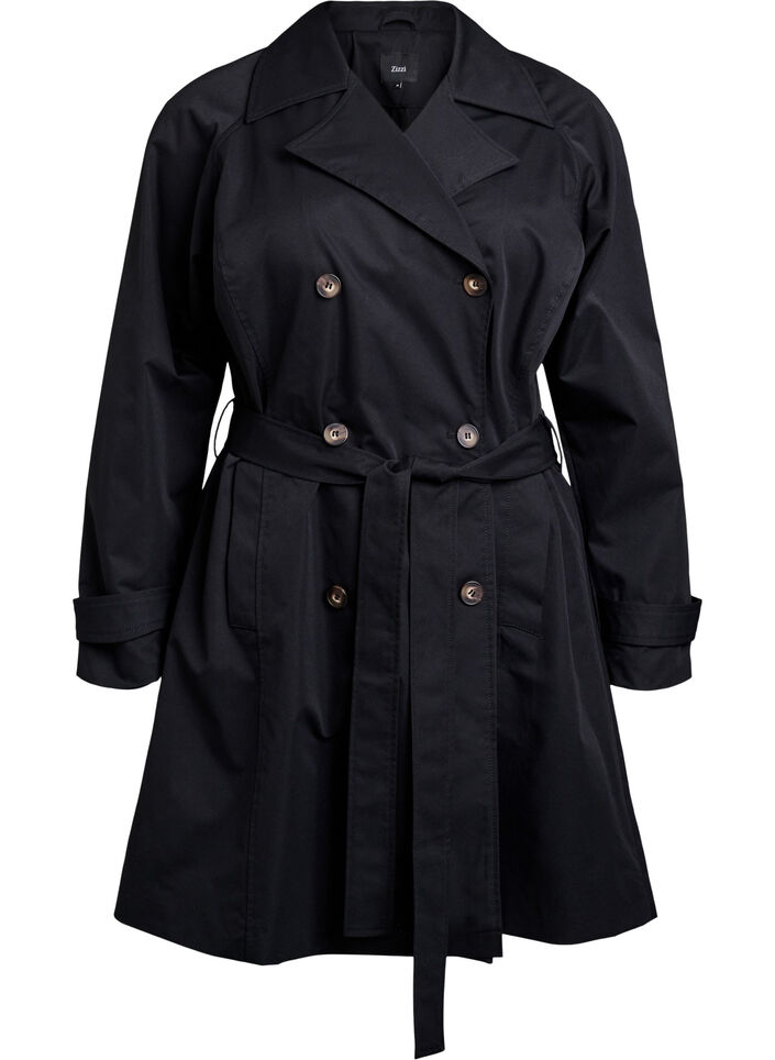 Mellemlang trenchcoat med bælte, Black, Packshot image number 0
