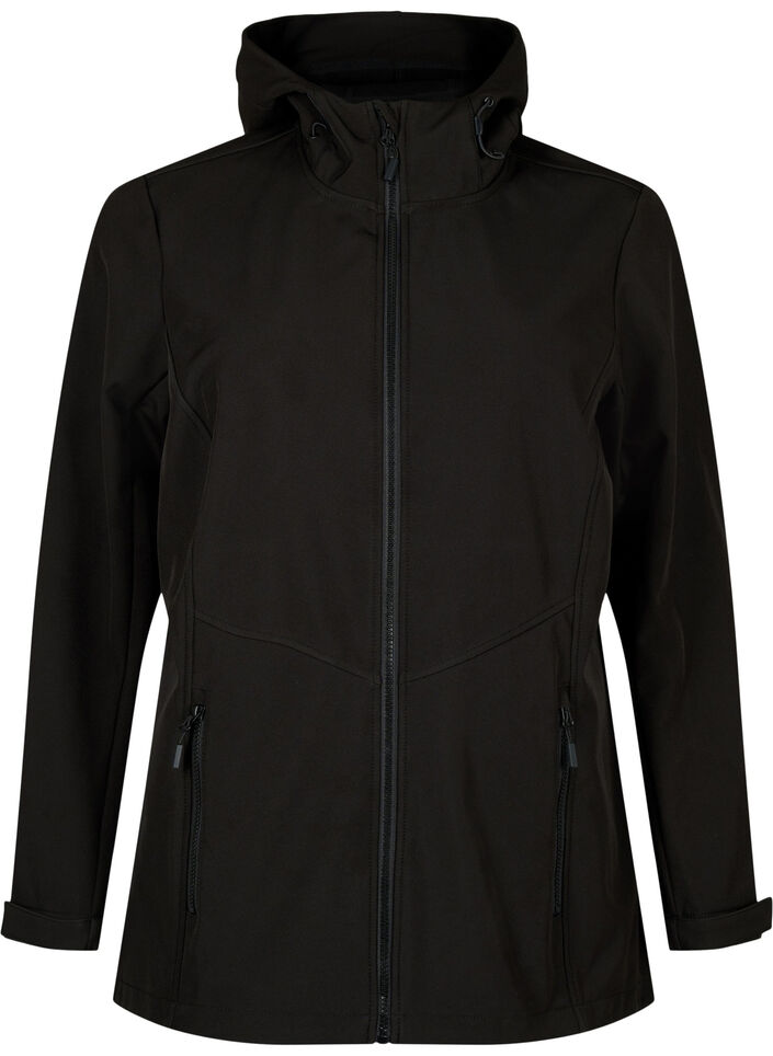 Kort softshell jakke med lommer, Black, Packshot image number 0