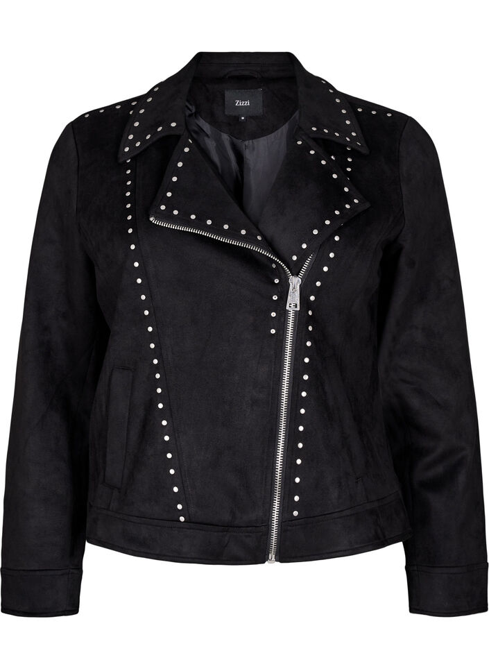 Bikerjakke i imiteret ruskind med nitter, Sort, Packshot image number 0