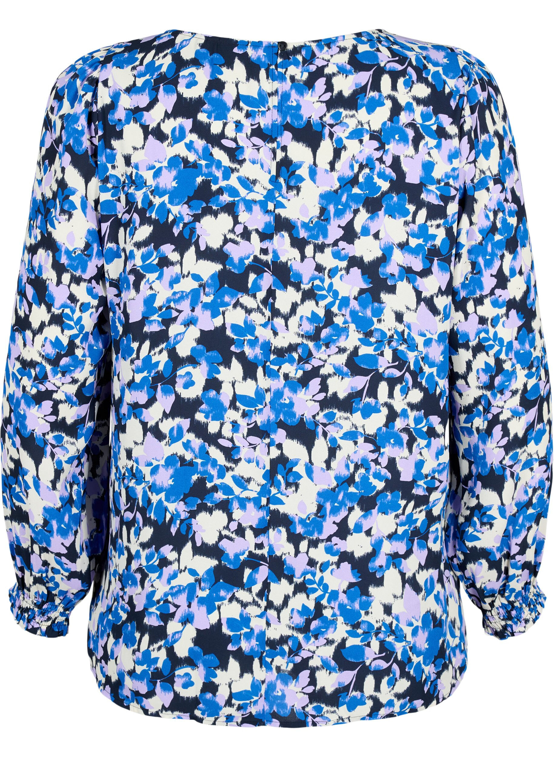 Zizzi FLASH - Lang&aelig;rmet bluse med smock og print, Blue Purple Flower, Packshot image number 1