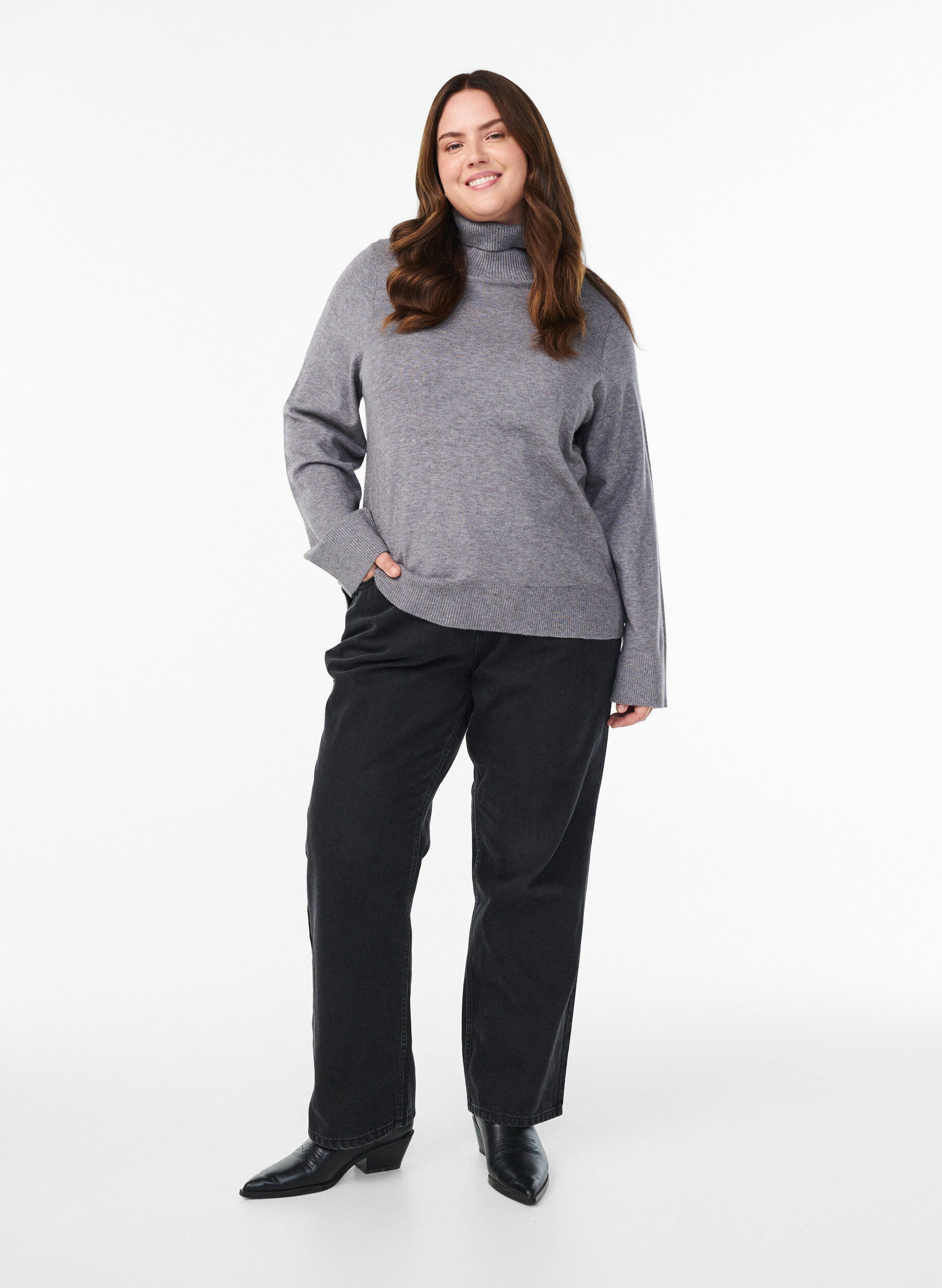 Zizzi Strikbluse med rullekrave og knapper i siden, Gr&aring;, Model image number 1