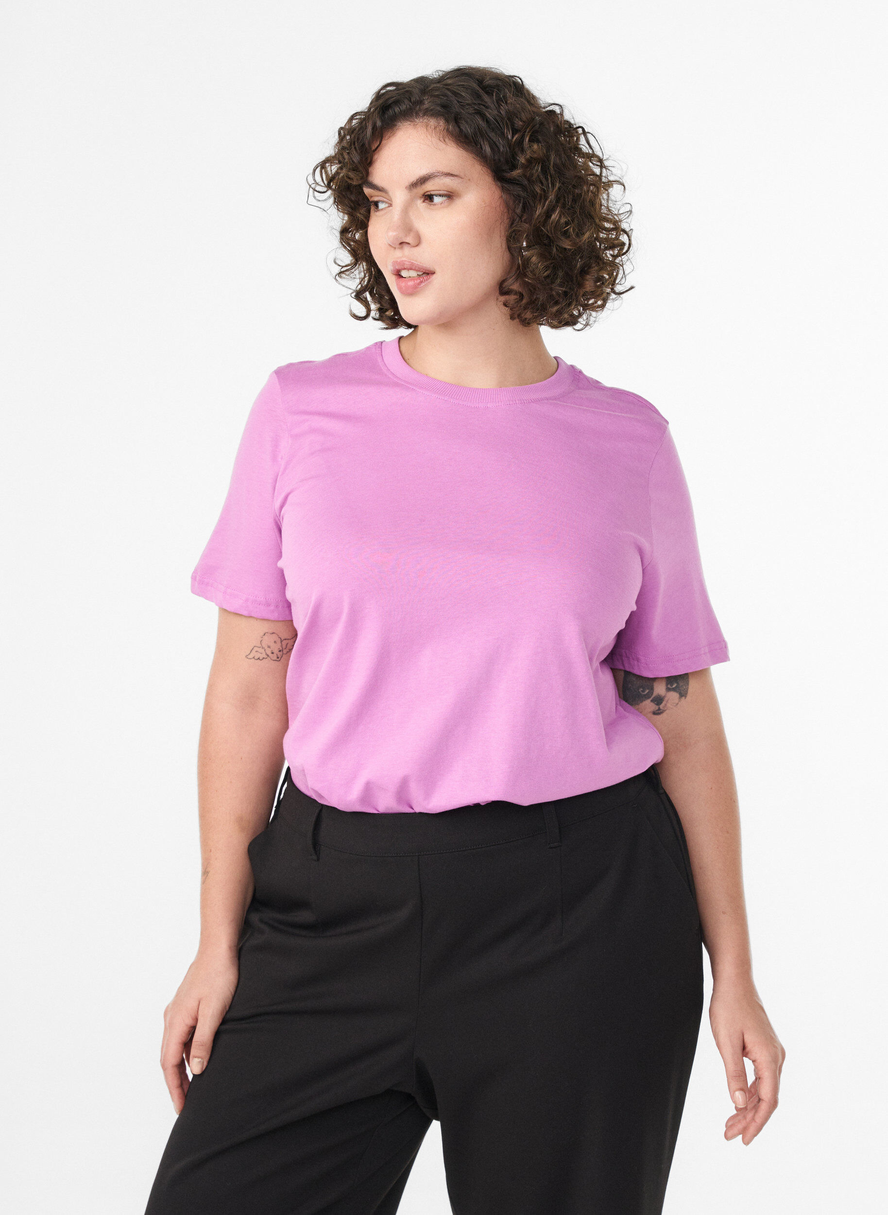 ZizziBasis t-shirt i bomuld med rund hals, Lilla, Model image number 0