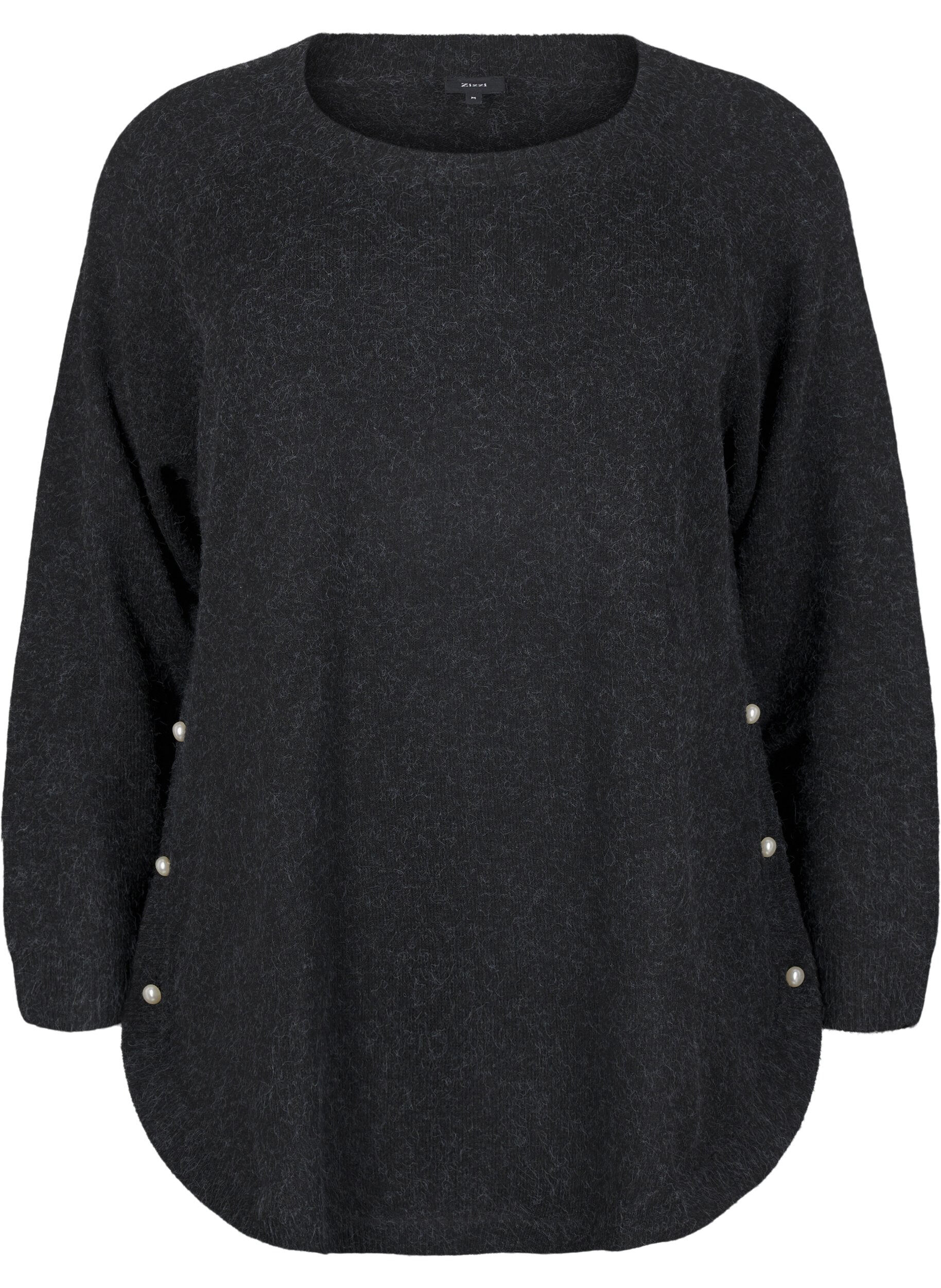 Zizzi Strikbluse med perledetaljer, Dark Grey Melange, Packshot image number 0