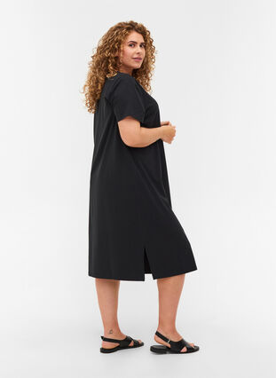 Kortærmet kjole i bomuld med slids, Black, Model image number 1
