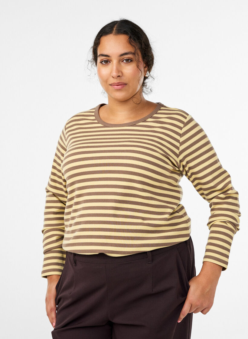Stribet bluse med lange &aelig;rmer, Brun, Model