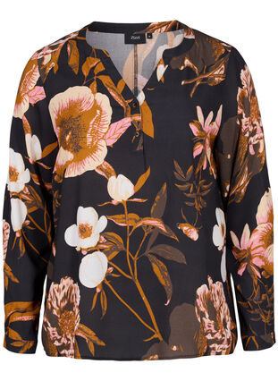 Bluse i viskose med blomsterprint, Black Flower AOP, Packshot image number 0