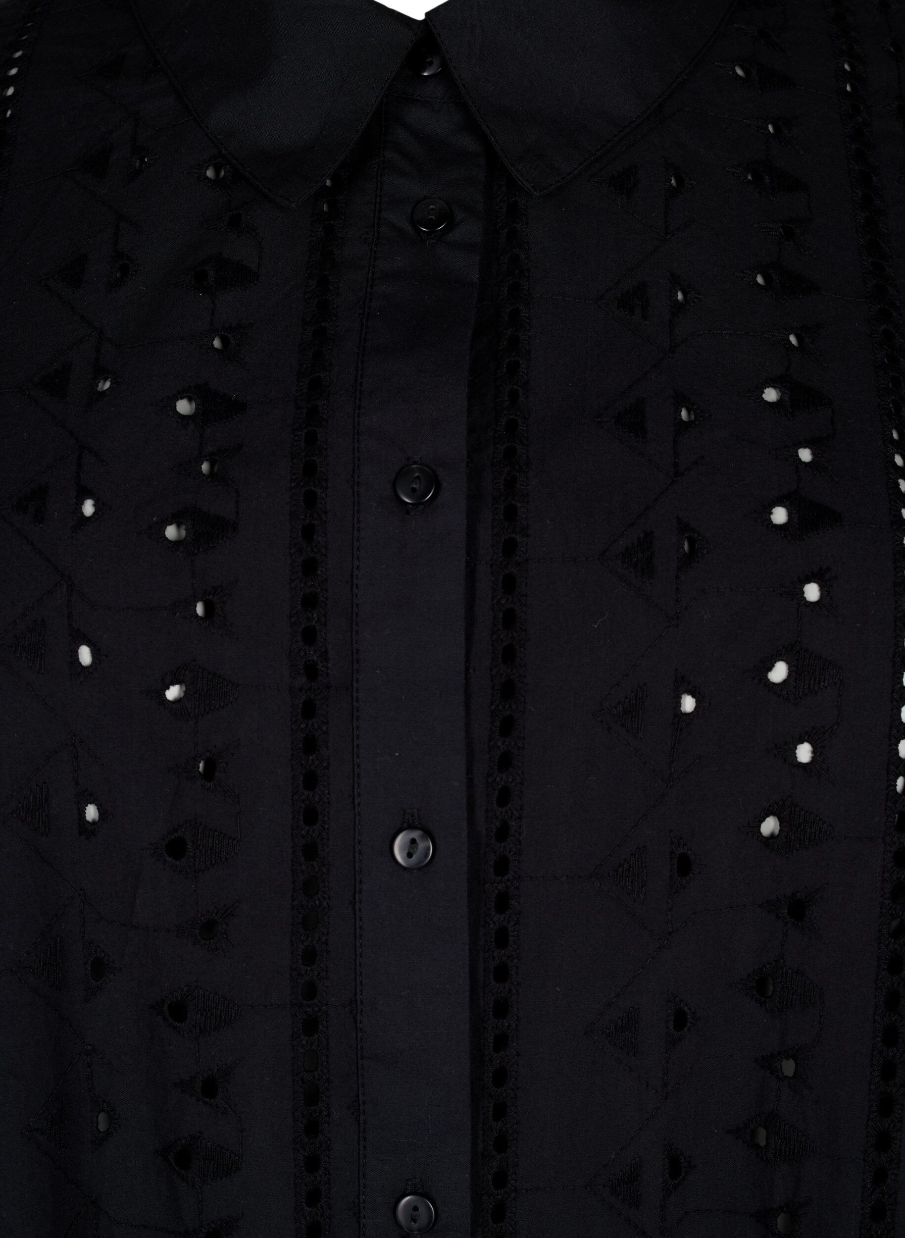 Zizzi Skjortekjole i bomuld med broderi anglaise, Black, Packshot image number 2