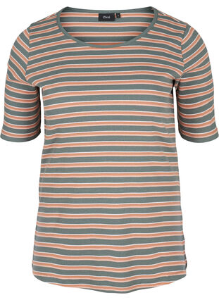 Stribet bomulds t-shirt i rib, Balsam Green Stripe, Packshot image number 0
