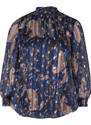 Printet bluse med høj hals og smock, Paisley Foil, Packshot image number 0