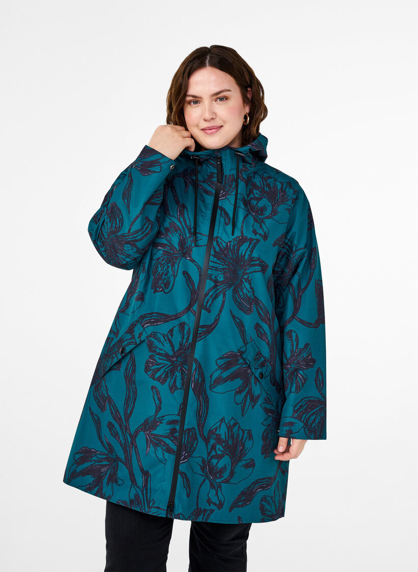 Regnjakke med print, Deep Teal Black, Model image number 0