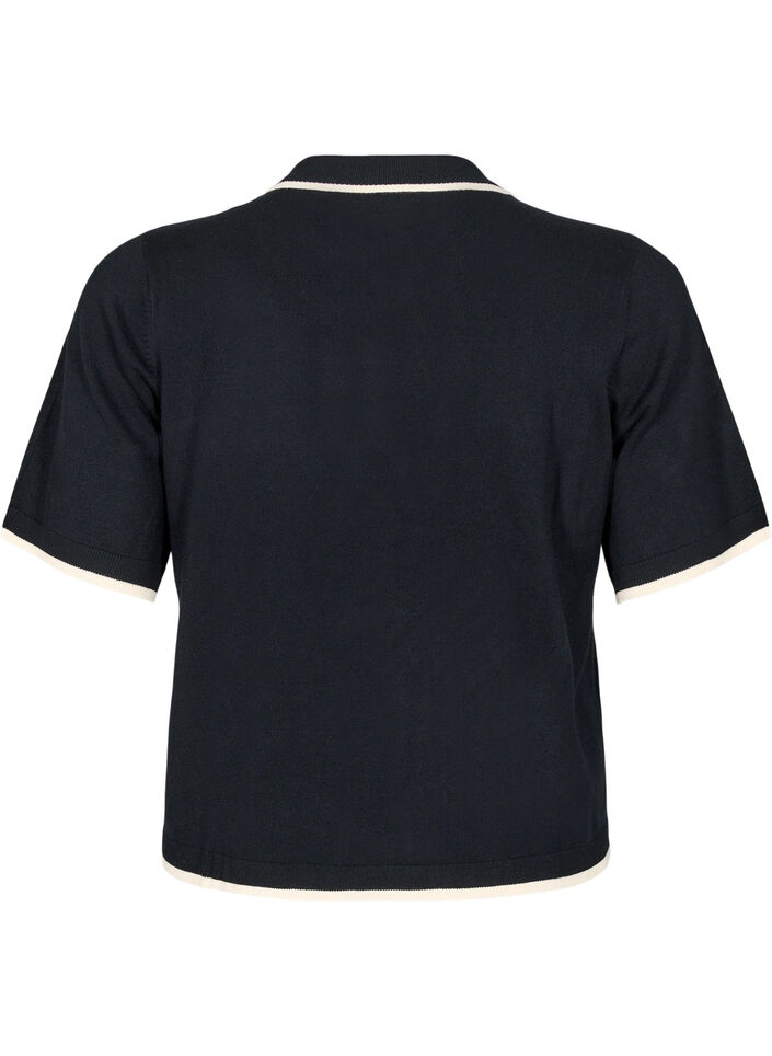 Finstrikket poloshirt med kontrastkant, Sort, Packshot image number 1