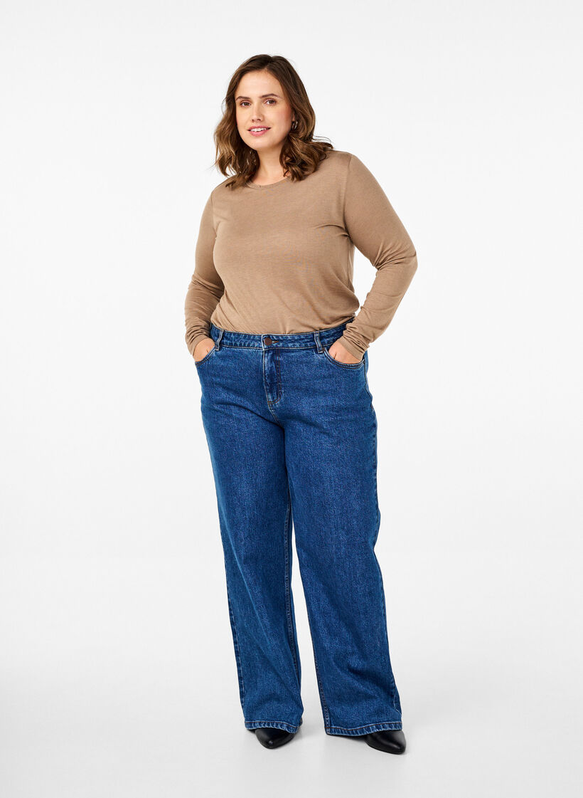 Lang&aelig;rmet bluse i uld og viskose, Brun, Model image number 1