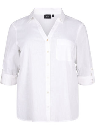 Skjortebluse med knaplukning i bomuldsmix med hør, Bright White, Packshot image number 0