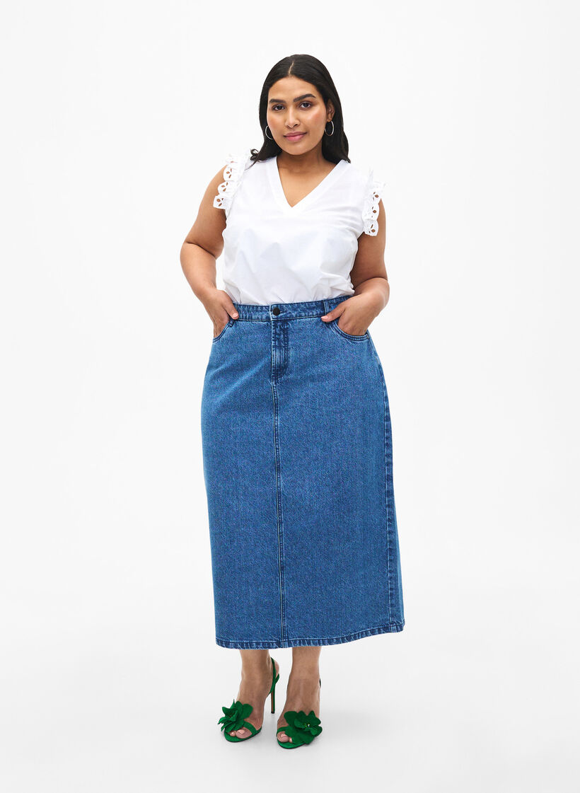 Ærmeløs top i bomuld med flæser, Hvid, Model image number 1